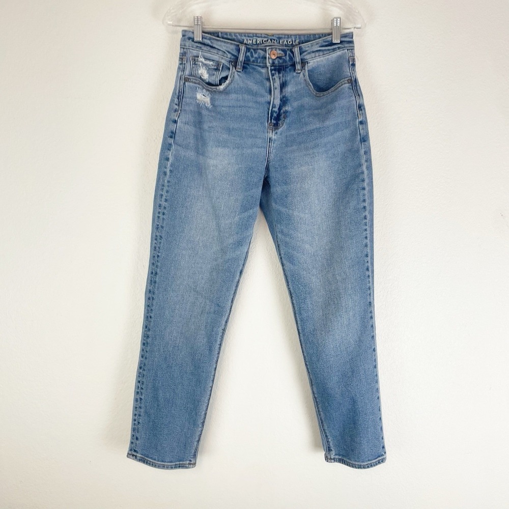 American Eagle Mom Jeans‎ Womens 4 Blue Distressed Medium Wash Stretch Denim